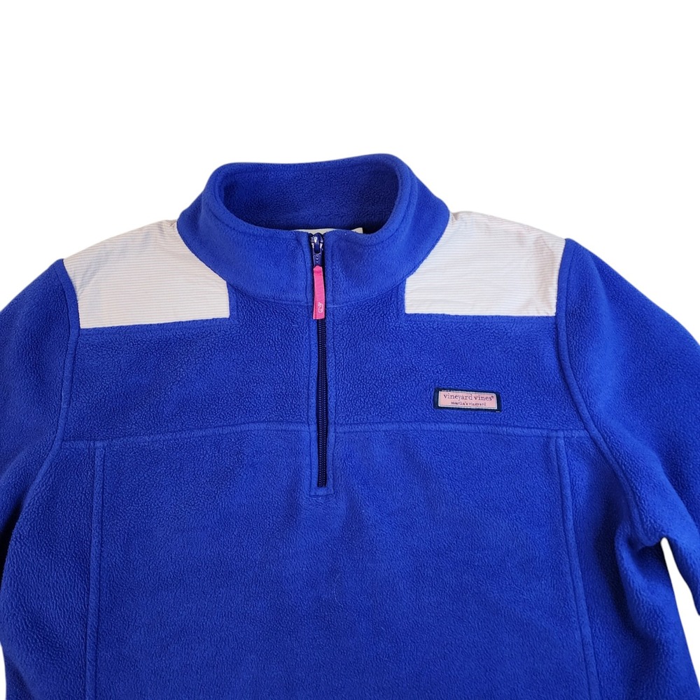 VINEYARD VINES Womens MEDIUM Whale 1/4 Zip Blue w/ Pink Stripe Fleece Sweatshirt